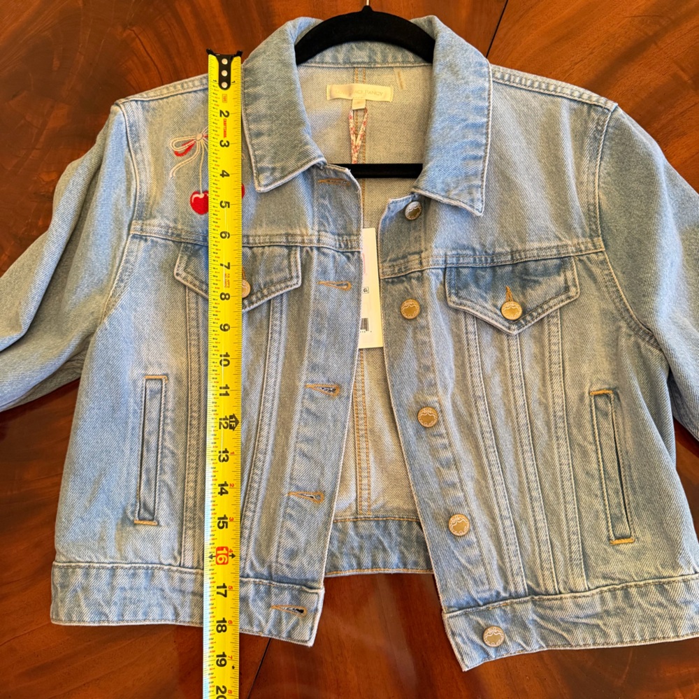 NWT LoveShackFancy Bardot Cherry Embroidered Denim Jacket Medium - Picture 13 of 14